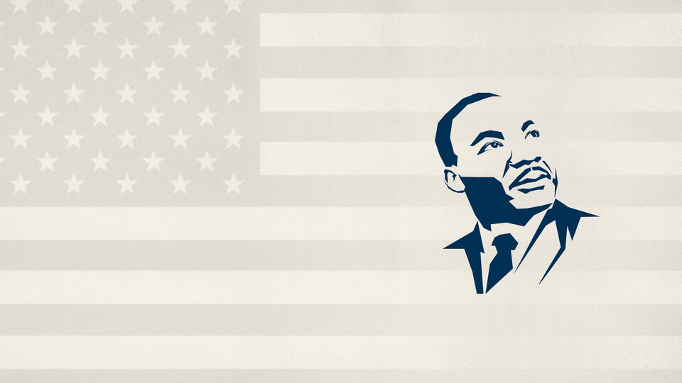 Martin Luther King Jr. illustration over stylized American flag